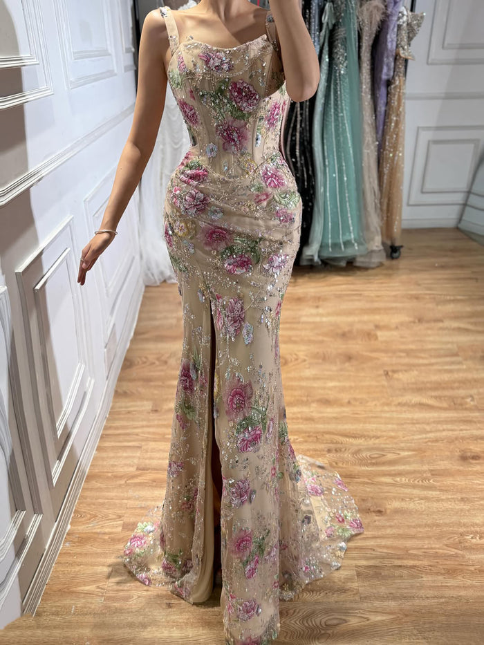 Luxury Nude Pink Beaded Off Shoulder Floral Mermaid Dress LA72163A SERENE HILL