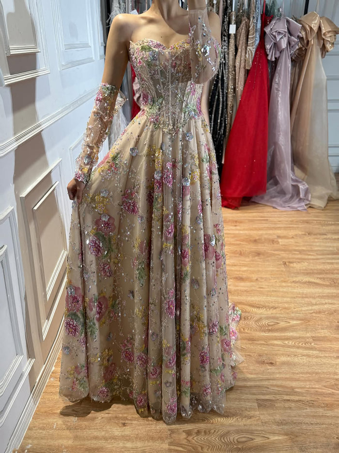 Luxury Pink Floral Beaded A Line Dress with Sleeves LA73552H SERENE HILL