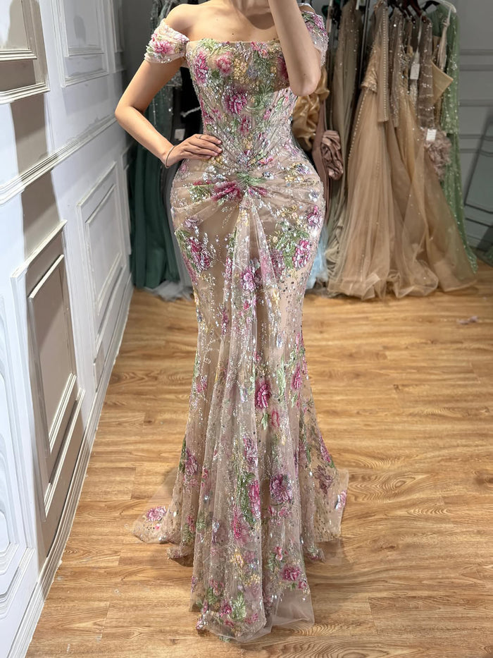 Luxury Nude Pink Floral Beaded Mermaid Dress LA72905C SERENE HILL