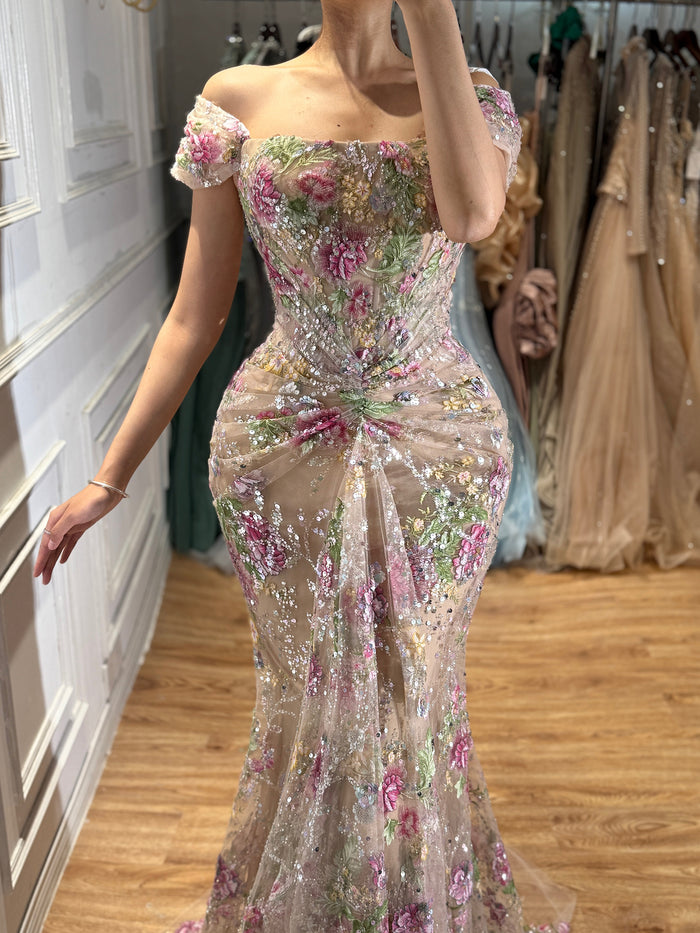 Luxury Nude Pink Floral Beaded Mermaid Dress LA72905C SERENE HILL