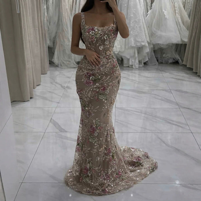 Luxury Nude Pink Floral Beaded Mermaid Evening Dress LA73552C SERENE HILL