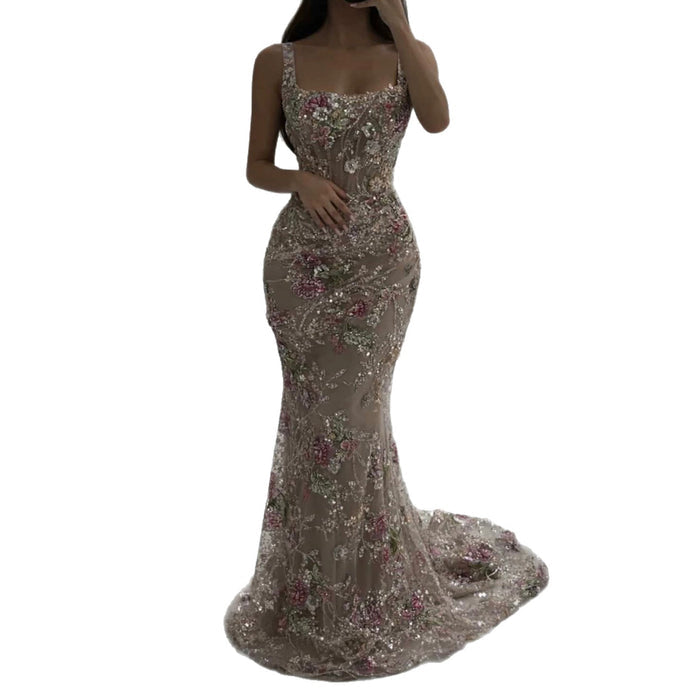 Luxury Nude Pink Floral Beaded Mermaid Evening Dress LA73552C SERENE HILL