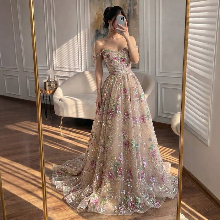 Luxury Nude Pink Off-Shoulder Floral Evening Dress LA73552K SERENE HILL