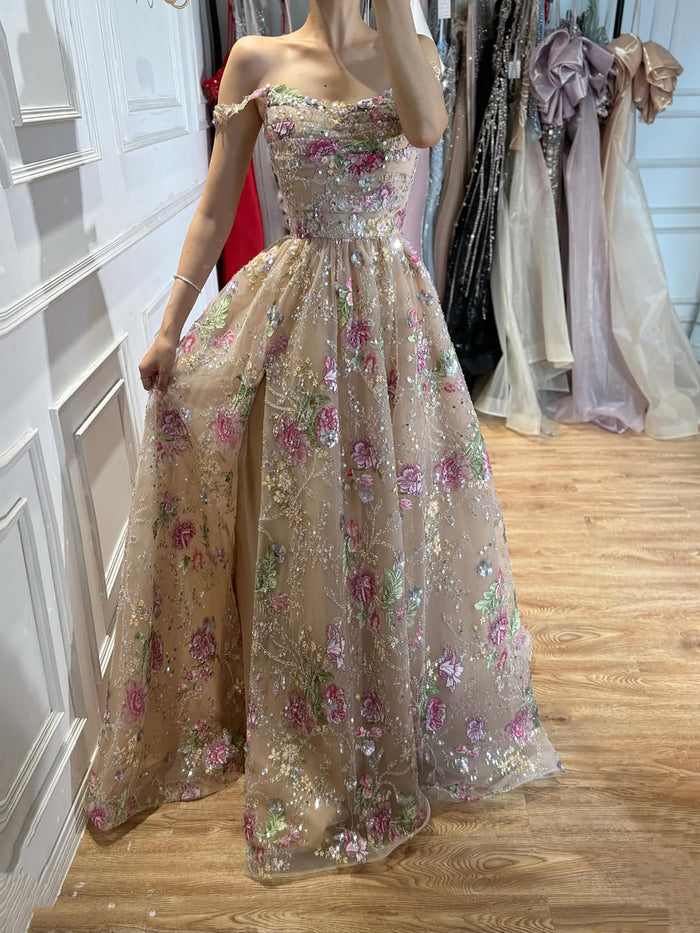 Luxury Nude Pink Off-Shoulder Floral Evening Dress LA73552K SERENE HILL