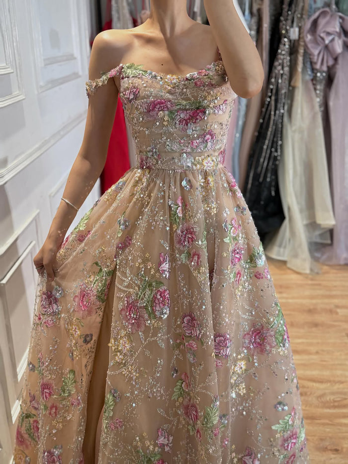 Luxury Nude Pink Off-Shoulder Floral Evening Dress LA73552K SERENE HILL
