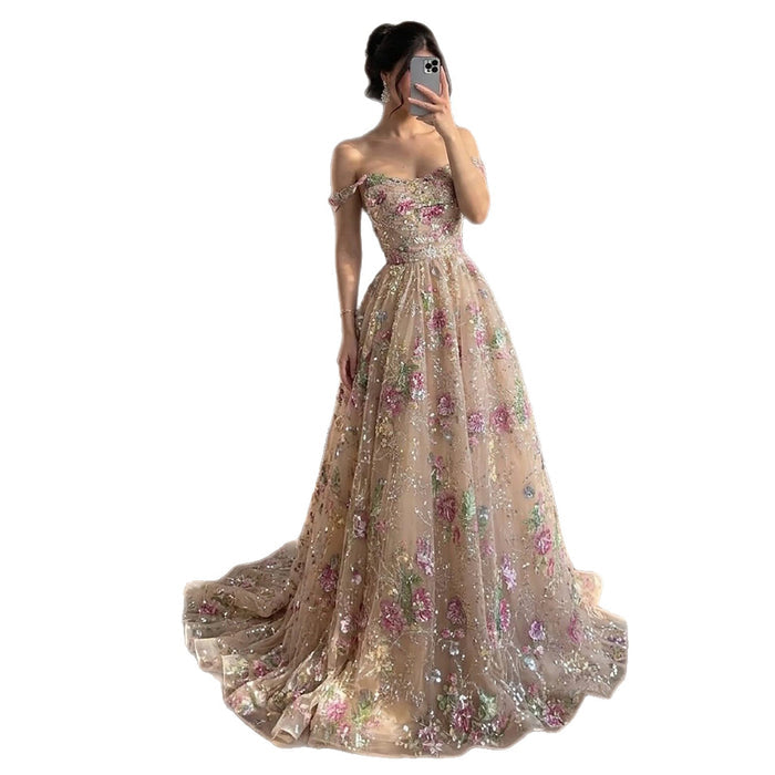 Luxury Nude Pink Off-Shoulder Floral Evening Dress LA73552K SERENE HILL