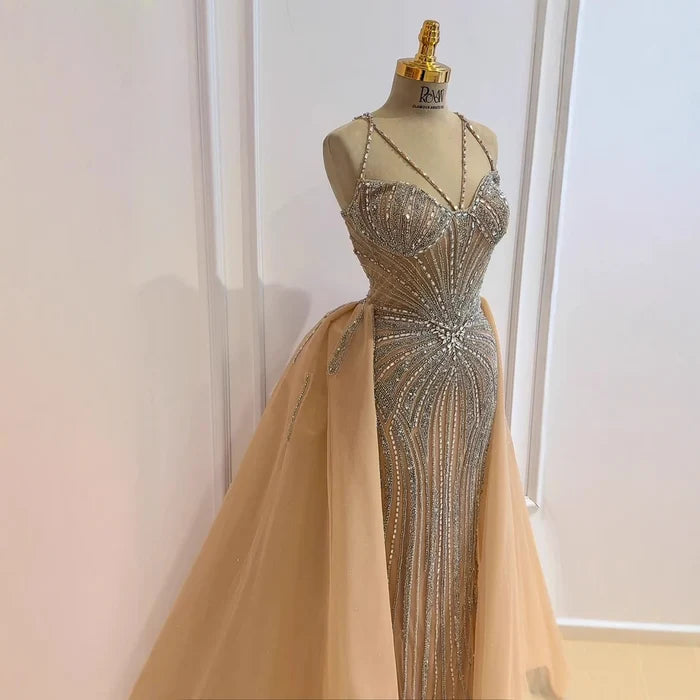 Luxury Nude Spaghetti Strap Mermaid Evening Dress with Overskirt Beaded LA73090 - SERENE HILL