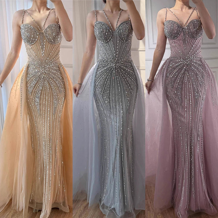 Luxury Nude Spaghetti Strap Mermaid Evening Dress with Overskirt Beaded LA73090 SERENE HILL