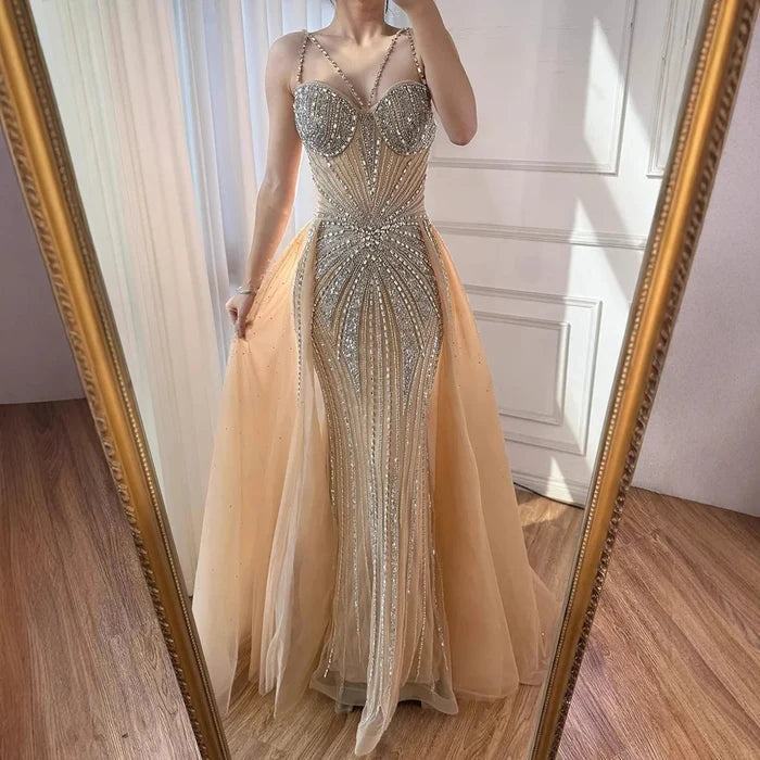Luxury Nude Spaghetti Strap Mermaid Evening Dress with Overskirt Beaded LA73090 - SERENE HILL