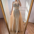 Luxury Nude Spaghetti Strap Mermaid Evening Dress with Overskirt Beaded LA73090 - SERENE HILL