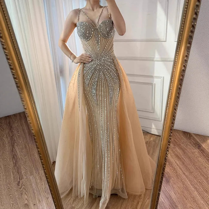 Luxury Nude Spaghetti Strap Mermaid Evening Dress with Overskirt Beaded LA73090 - SERENE HILL