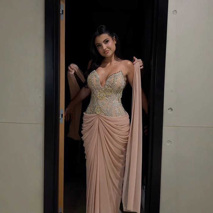Luxury Nude Tie Back Corset Crystals Evening Gown with Streamer LA73808 SERENE HILL