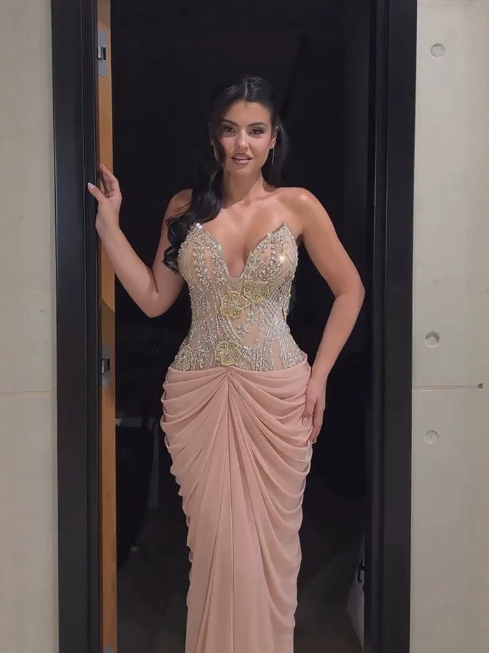 Luxury Nude Tie Back Corset Crystals Evening Gown with Streamer LA73808 SERENE HILL