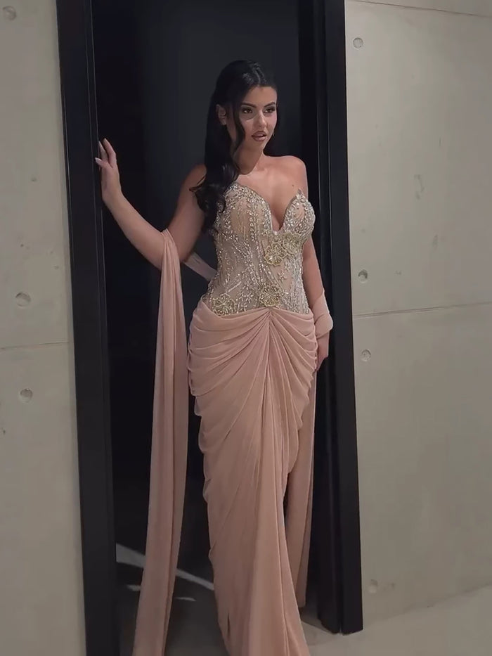 Luxury Nude Tie Back Corset Crystals Evening Gown with Streamer LA73808 SERENE HILL