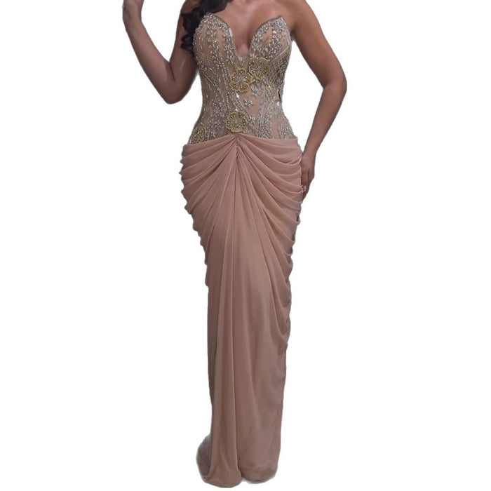 Luxury Nude Tie Back Corset Crystals Evening Gown with Streamer LA73808 SERENE HILL