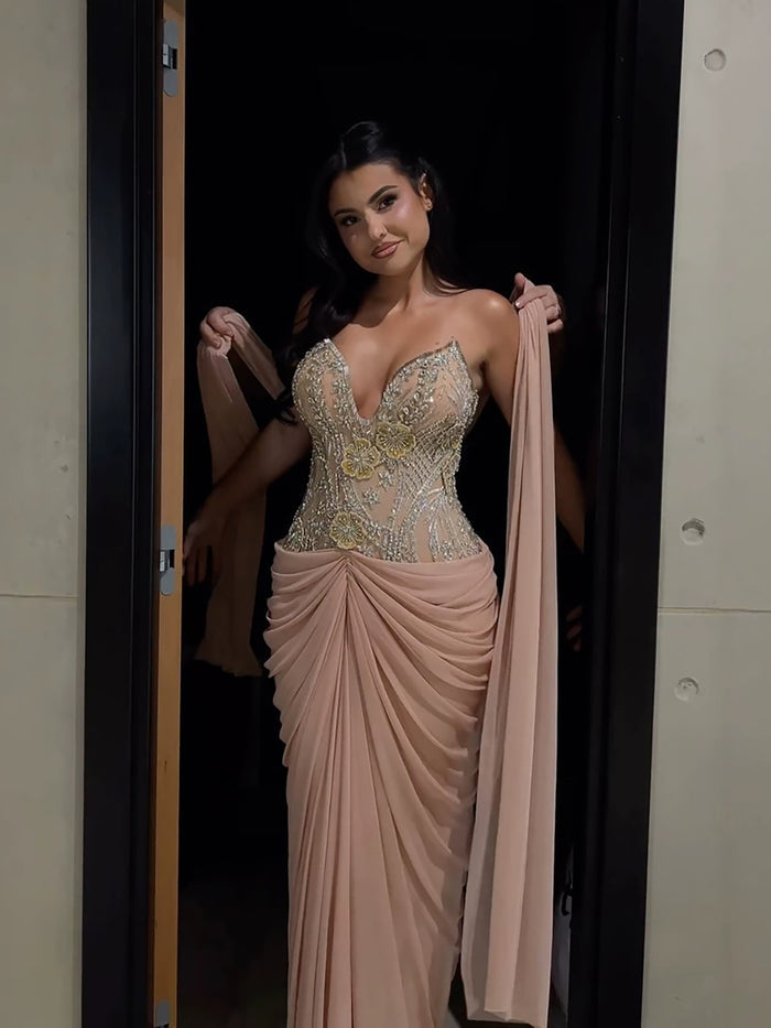 Luxury Nude Tie Back Corset Crystals Evening Gown with Streamer LA73808 SERENE HILL