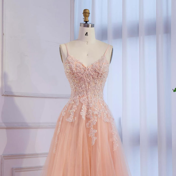 Luxury Peach Beaded Appliques A-Line Prom Dress LA73578