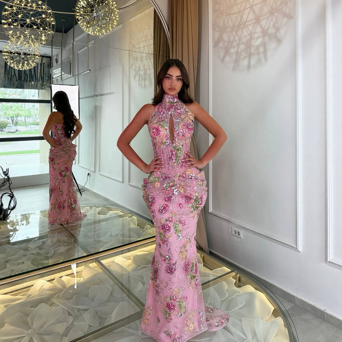 Luxury Peplum Pink Halter Neck Beaded Mermaid Dress LA73802 SERENE HILL