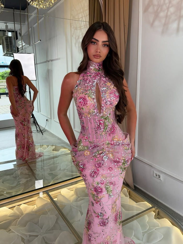 Luxury Peplum Pink Halter Neck Beaded Mermaid Dress LA73802 SERENE HILL