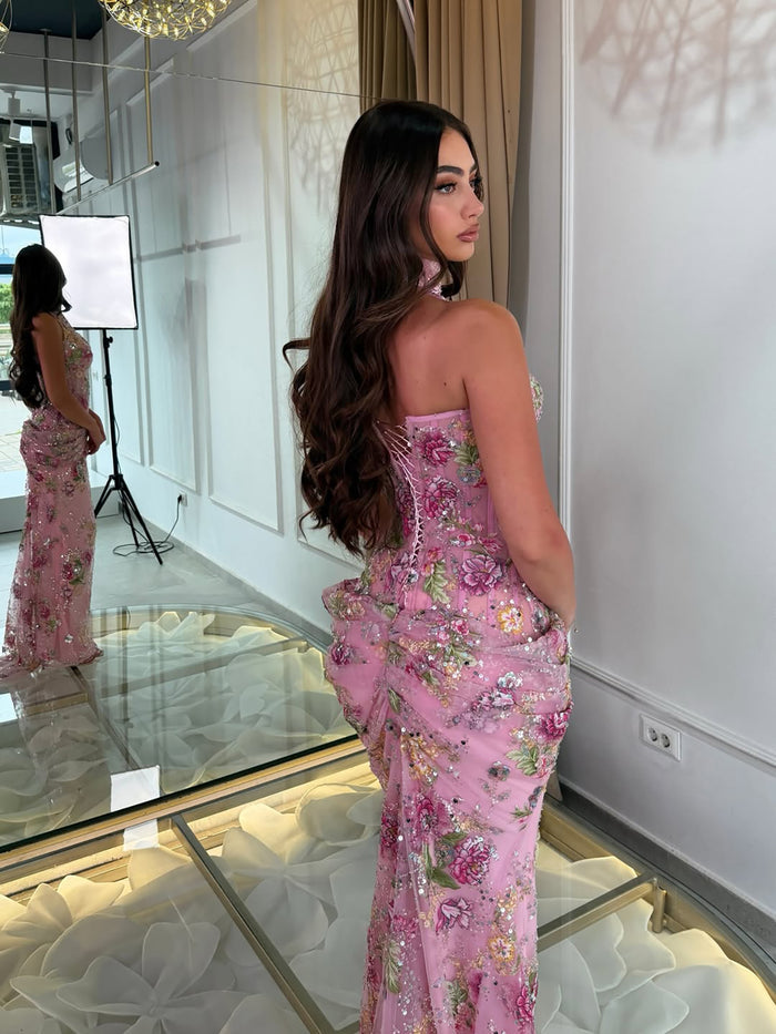 Luxury Peplum Pink Halter Neck Beaded Mermaid Dress LA73802 SERENE HILL
