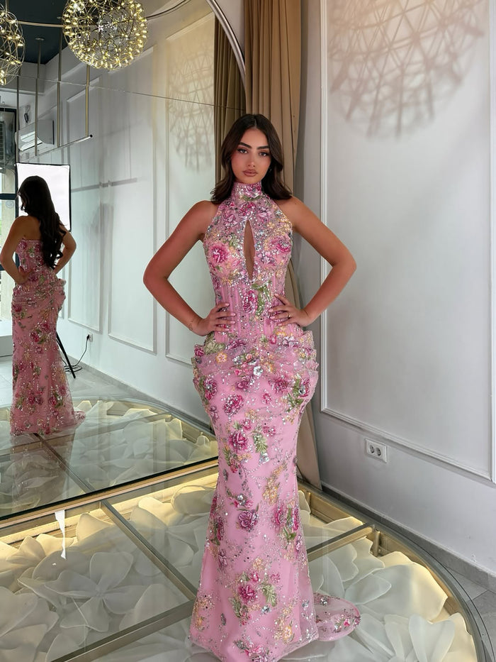 Luxury Peplum Pink Halter Neck Beaded Mermaid Dress LA73802 SERENE HILL