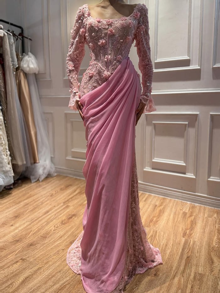 Luxury Pink 3D Floral Beaded Mermaid Gown LA73774 SERENE HILL