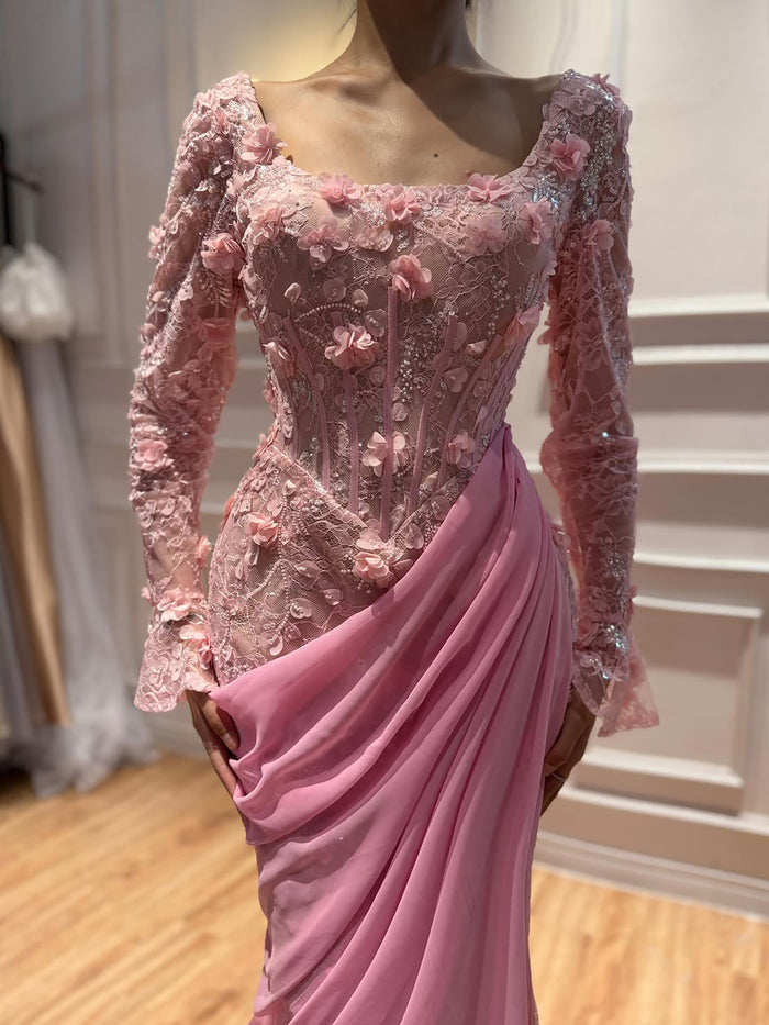 Luxury Pink 3D Floral Beaded Mermaid Gown LA73774 SERENE HILL