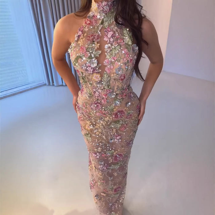Luxury Pink Appliques Beaded Halter Mermaid Evening Dress LA73644 SERENE HILL
