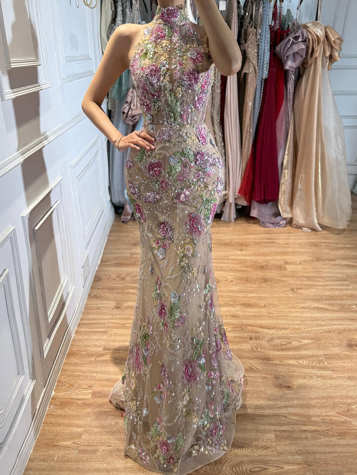 Luxury Pink Appliques Beaded Halter Mermaid Evening Dress LA73644 SERENE HILL