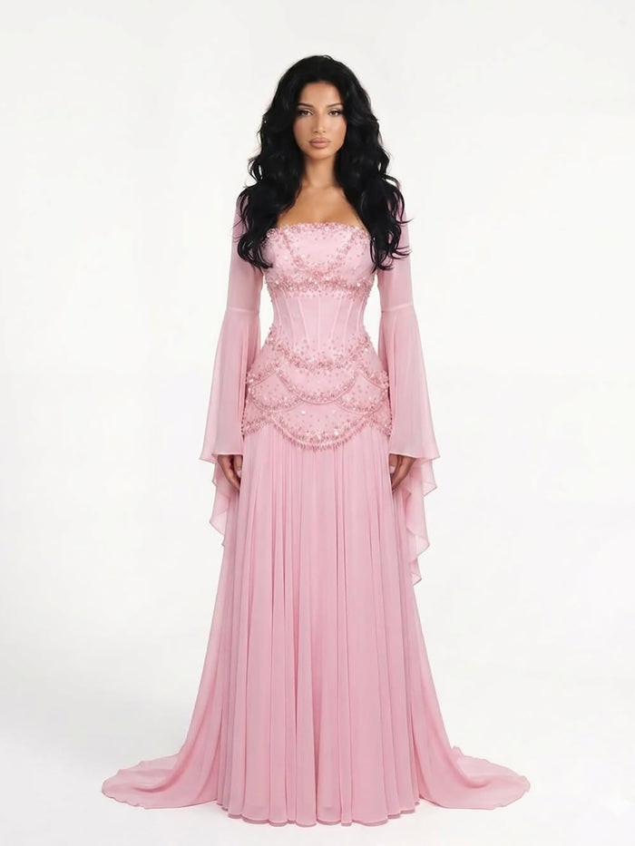 Luxury Pink Beaded A Line Dress with Chiffon Cape Sleeves LA72978B SERENE HILL