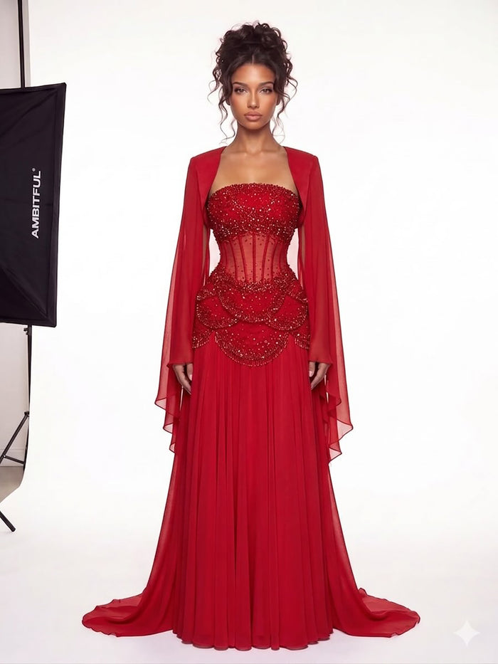 Luxury Pink Beaded A Line Dress with Chiffon Cape Sleeves LA72978B SERENE HILL