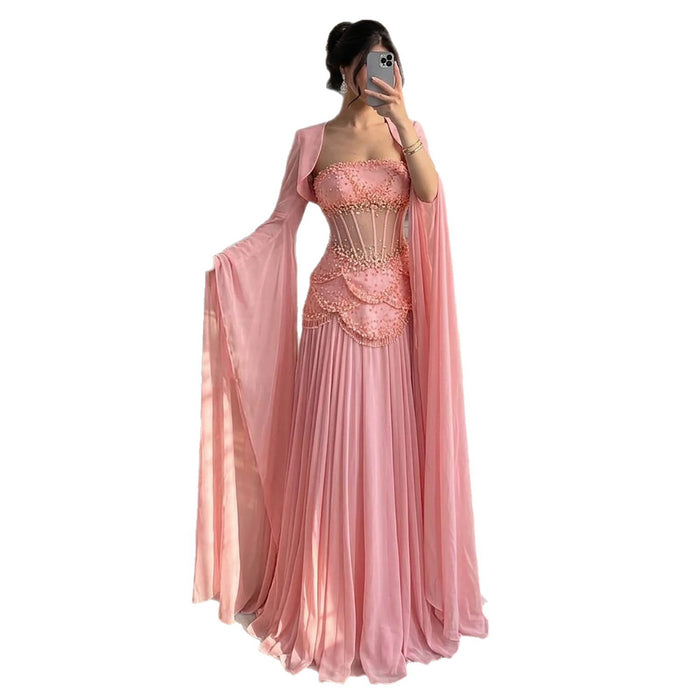 Luxury Pink Beaded A Line Dress with Chiffon Cape Sleeves LA72978B SERENE HILL