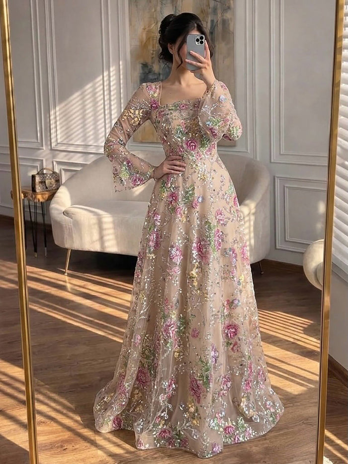 Luxury Pink Beaded A-Line Evening Dress with Puffy Sleeves LA73177B SereneHill