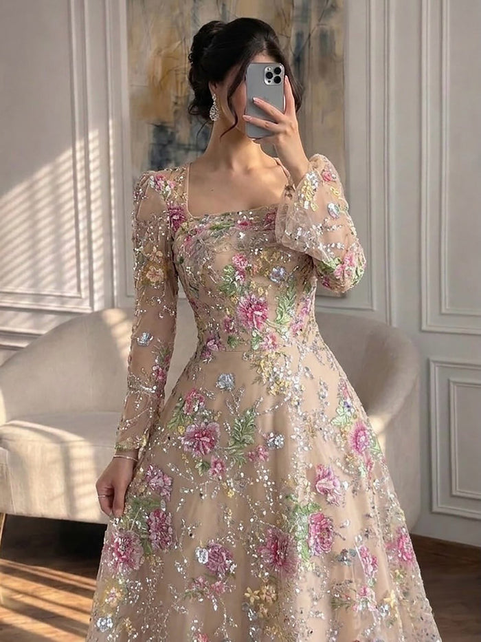 Luxury Pink Beaded A-Line Evening Dress with Puffy Sleeves LA73177B SereneHill