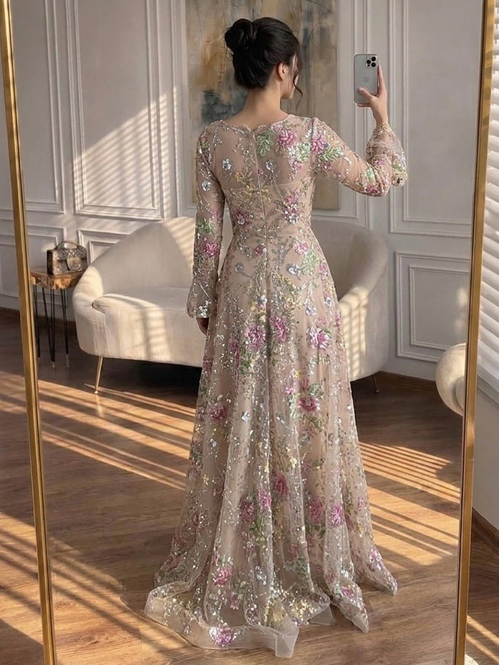 Luxury Pink Beaded A-Line Evening Dress with Puffy Sleeves LA73177B SereneHill