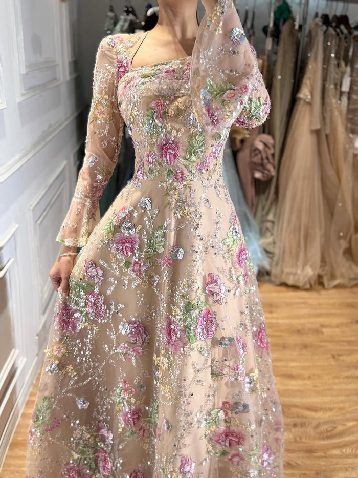 Luxury Pink Beaded A-Line Evening Dress with Puffy Sleeves LA73177B SereneHill