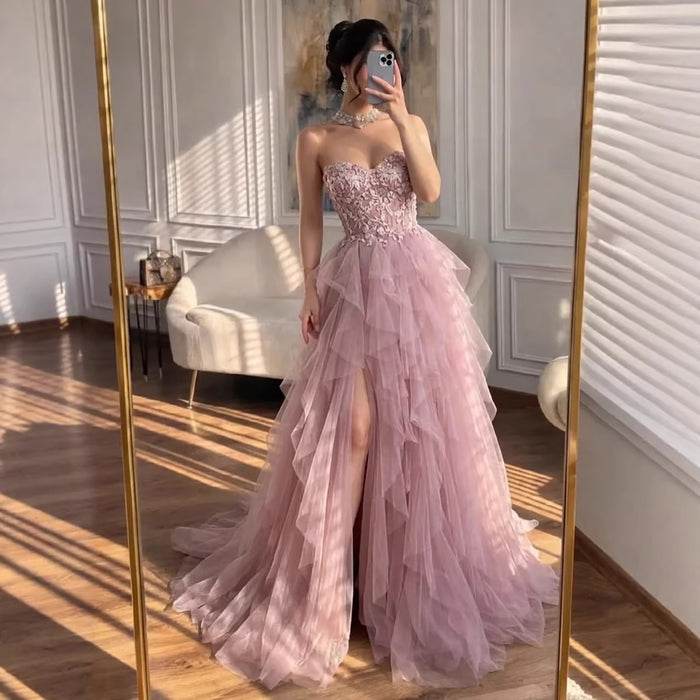 Luxury Pink Beaded Appliques A Line Prom Dress High Split LA73559