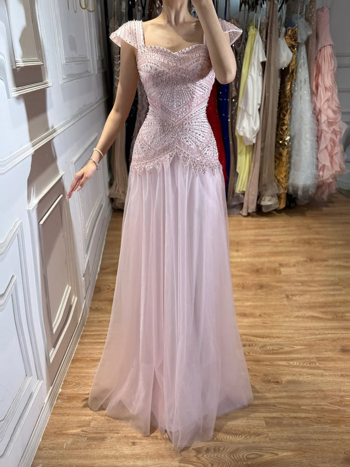 Luxury Pink Beaded Cap Sleeve Lace Up A-Line Dress LA73844 SERENE HILL