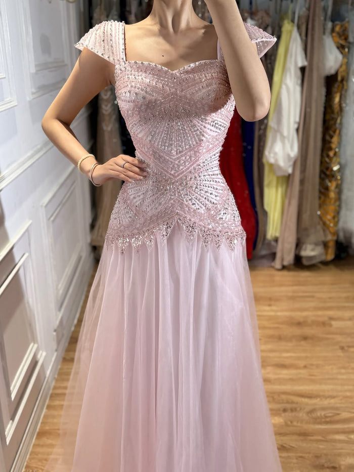Luxury Pink Beaded Cap Sleeve Lace Up A-Line Dress LA73844 SERENE HILL