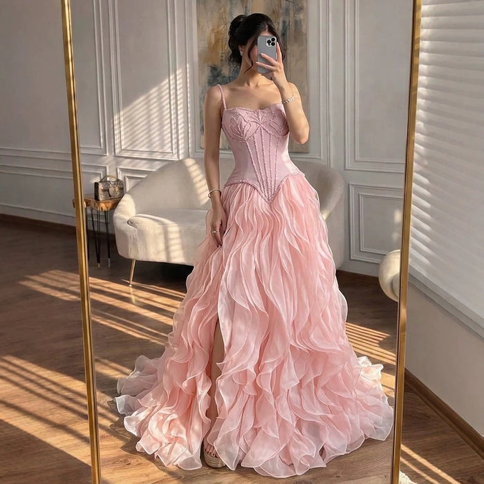 Luxury Pink Beaded Corset Ruffled Slit Evening Gown LA73368B SERENE HILL