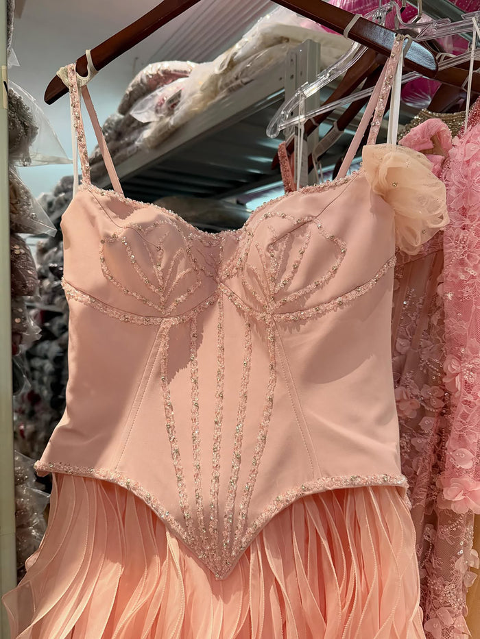 Luxury Pink Beaded Corset Ruffled Slit Evening Gown LA73368B SERENE HILL