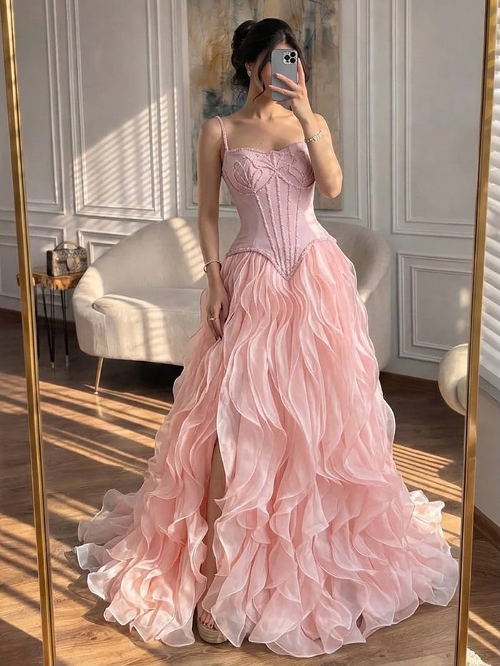 Luxury Pink Beaded Corset Ruffled Slit Evening Gown LA73368B SERENE HILL