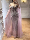 Luxury Pink Beaded Evening Dress with Cape Sleeves LA73151A