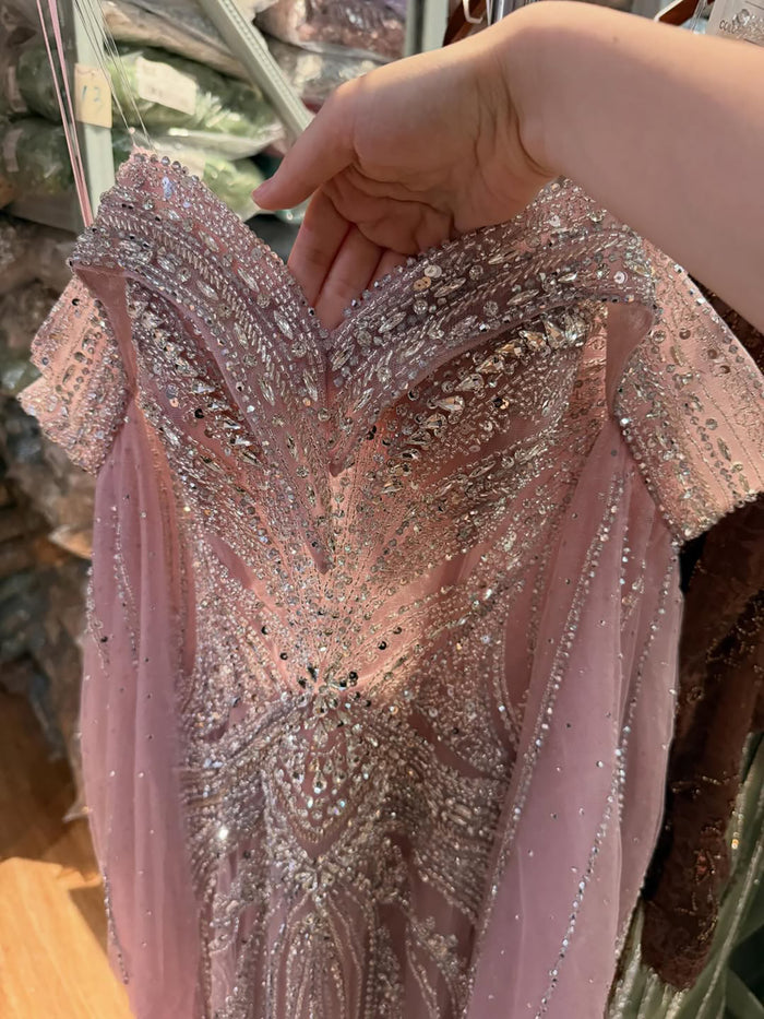 Luxury Pink Beaded Evening Dress with Cape Sleeves LA73151A
