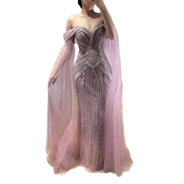 Luxury Pink Beaded Evening Dress with Cape Sleeves LA73151A