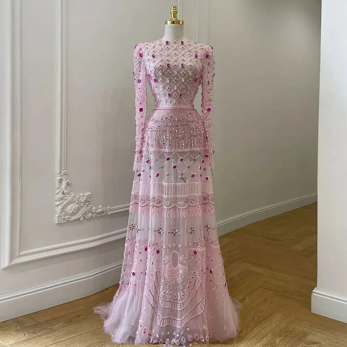 Luxury Pink Beaded Long Sleeve Geometric Evening Dress LA73658 SERENE HILL