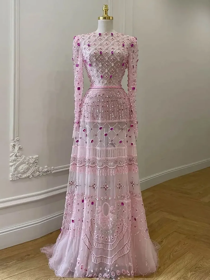 Luxury Pink Beaded Long Sleeve Geometric Evening Dress LA73658 SERENE HILL