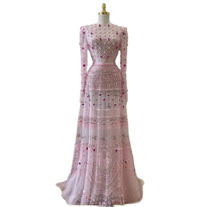 Luxury Pink Beaded Long Sleeve Geometric Evening Dress LA73658 SERENE HILL