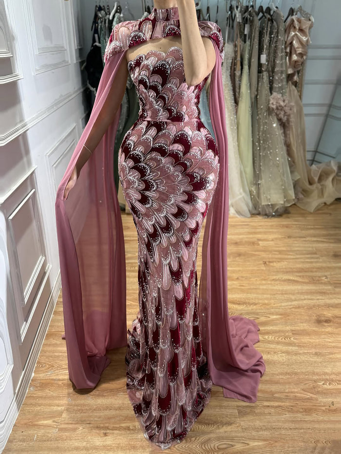 Luxury Pink Beaded Mermaid Cape Evening Dress LA73607A SERENE HILL
