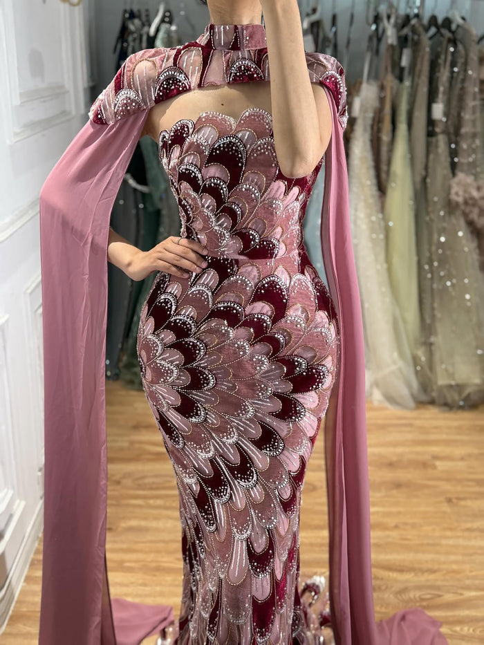 Luxury Pink Beaded Mermaid Cape Evening Dress LA73607A SERENE HILL